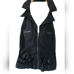 Oh Yes Y2K Vintage Rhinestone Studded Zip Up Black Women's Halter Vest Sz Md